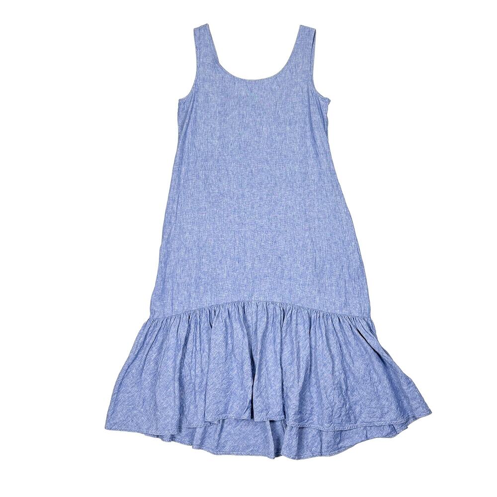 Polo Ralph Lauren 100% Linen Midi Dress L Blue Ruffle Coastal Vacation Resort